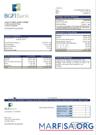Downloadable Gabon BGFI bank mortgage statement scr download for verification